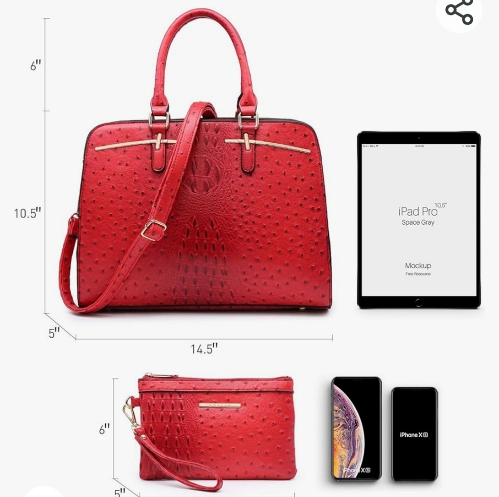 ⛔️SOLD⛔️NWOT Red tote bag in faux ostrich with matching clutch & dust bag - Picture 2 of 16